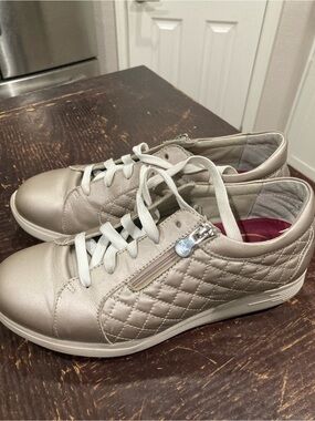 Munro Quilted Metallic Taupe Lace-Up Sneakers with Side Zip